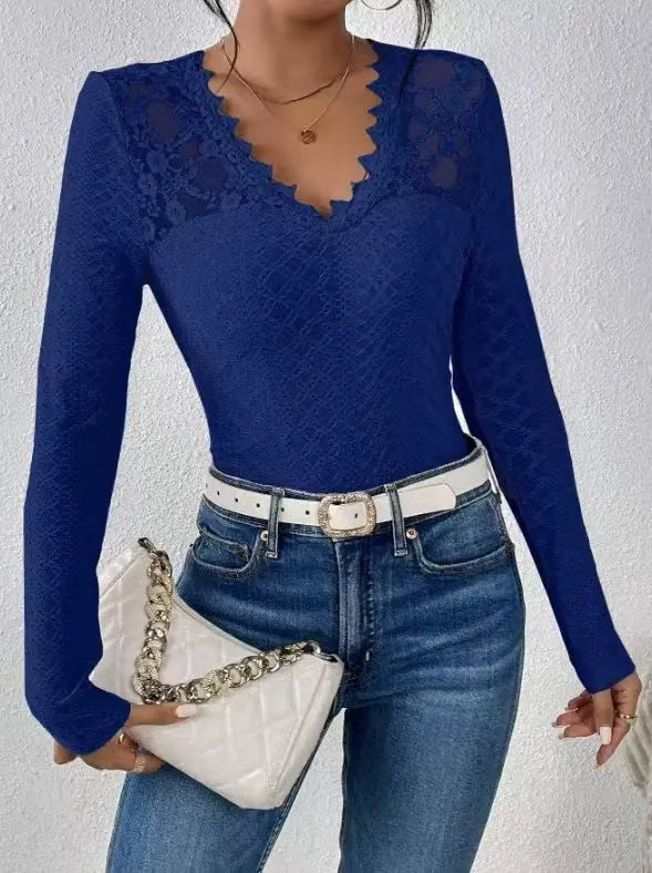 LS | Women Lace V Neck Long Sleeve Top Lion Style