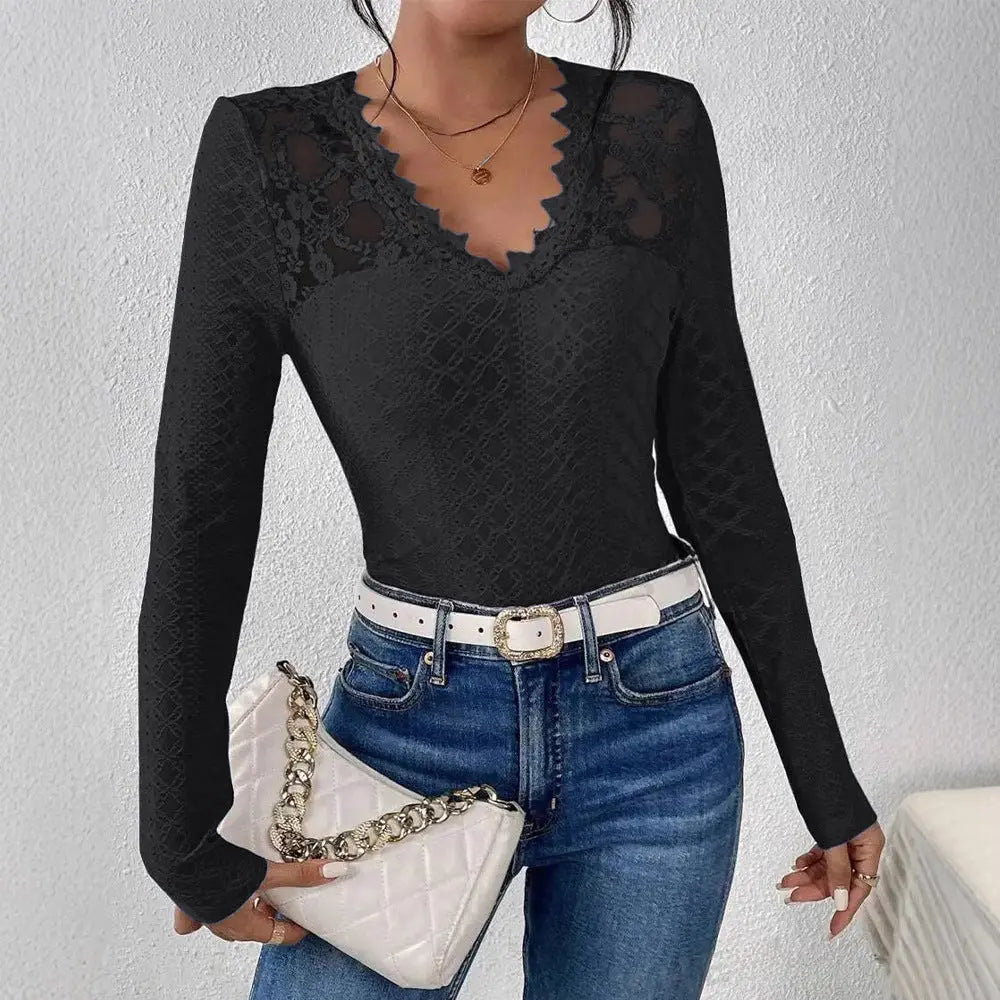 LS | Women Lace V Neck Long Sleeve Top Lion Style
