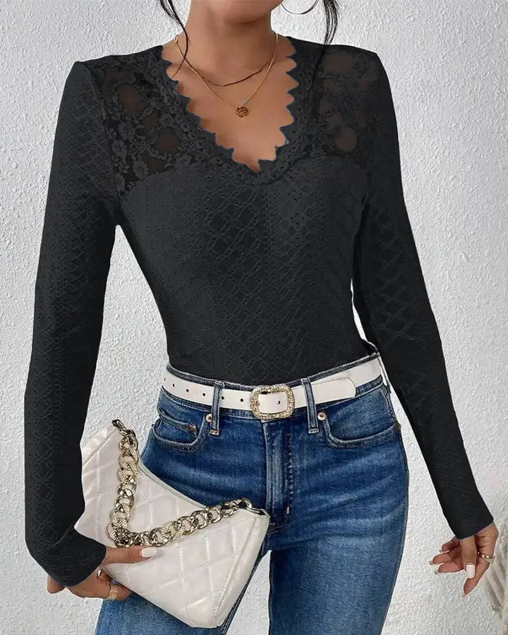 LS | Women Lace V Neck Long Sleeve Top Lion Style
