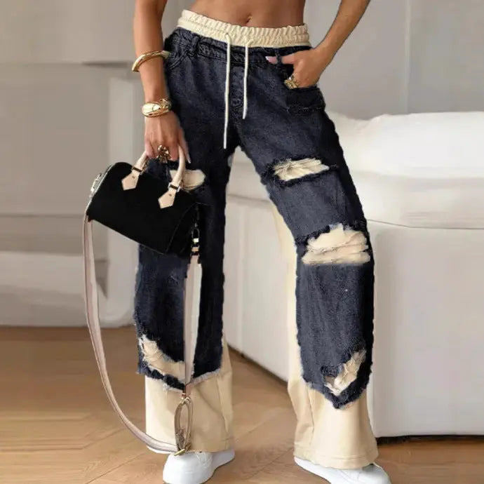LS | Women Patchwork Ripped Jeans Lion Style