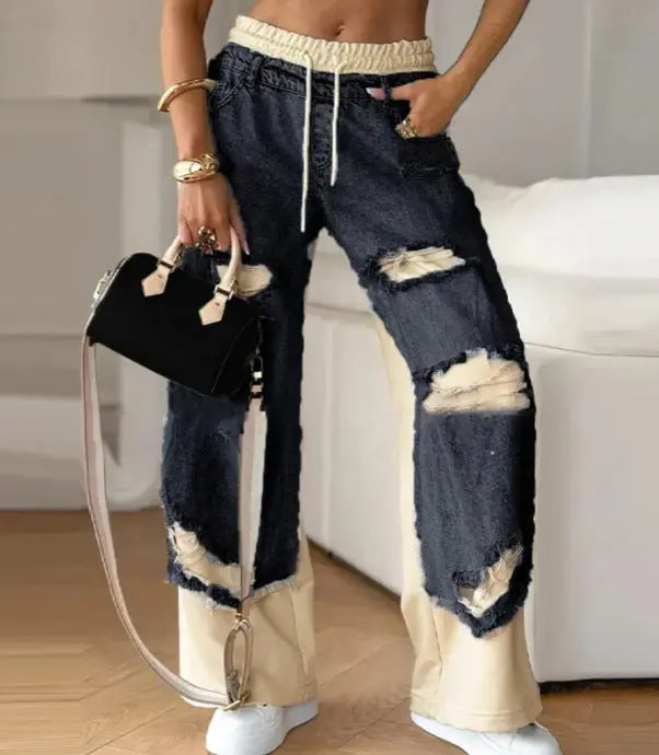 LS | Women Patchwork Ripped Jeans Lion Style