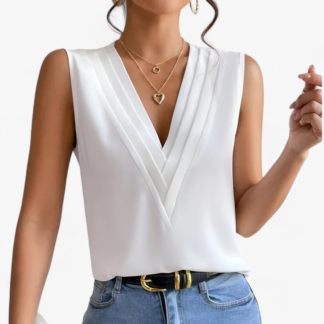 LS | Women Pleated V-Neck Sleeveless Blouse Lion Style