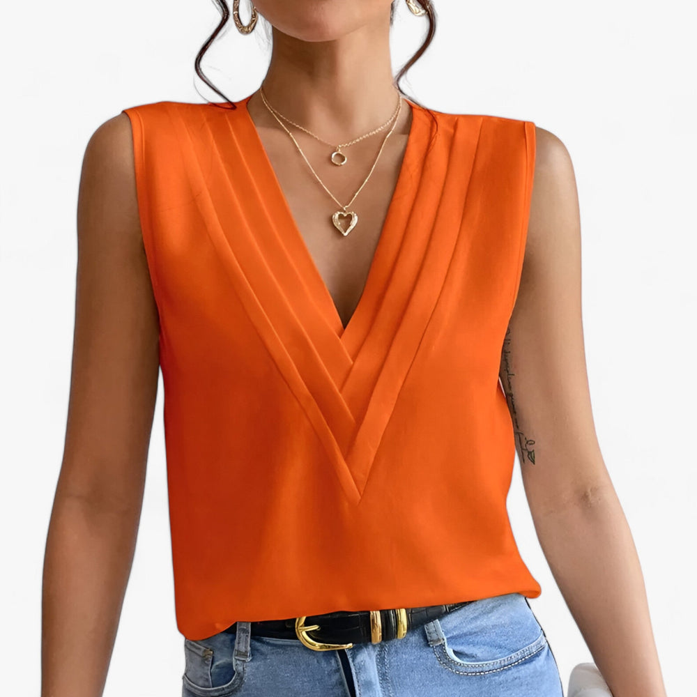 LS | Women Pleated V-Neck Sleeveless Blouse Lion Style