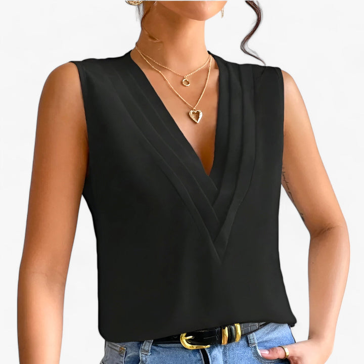 LS | Women Pleated V-Neck Sleeveless Blouse Lion Style