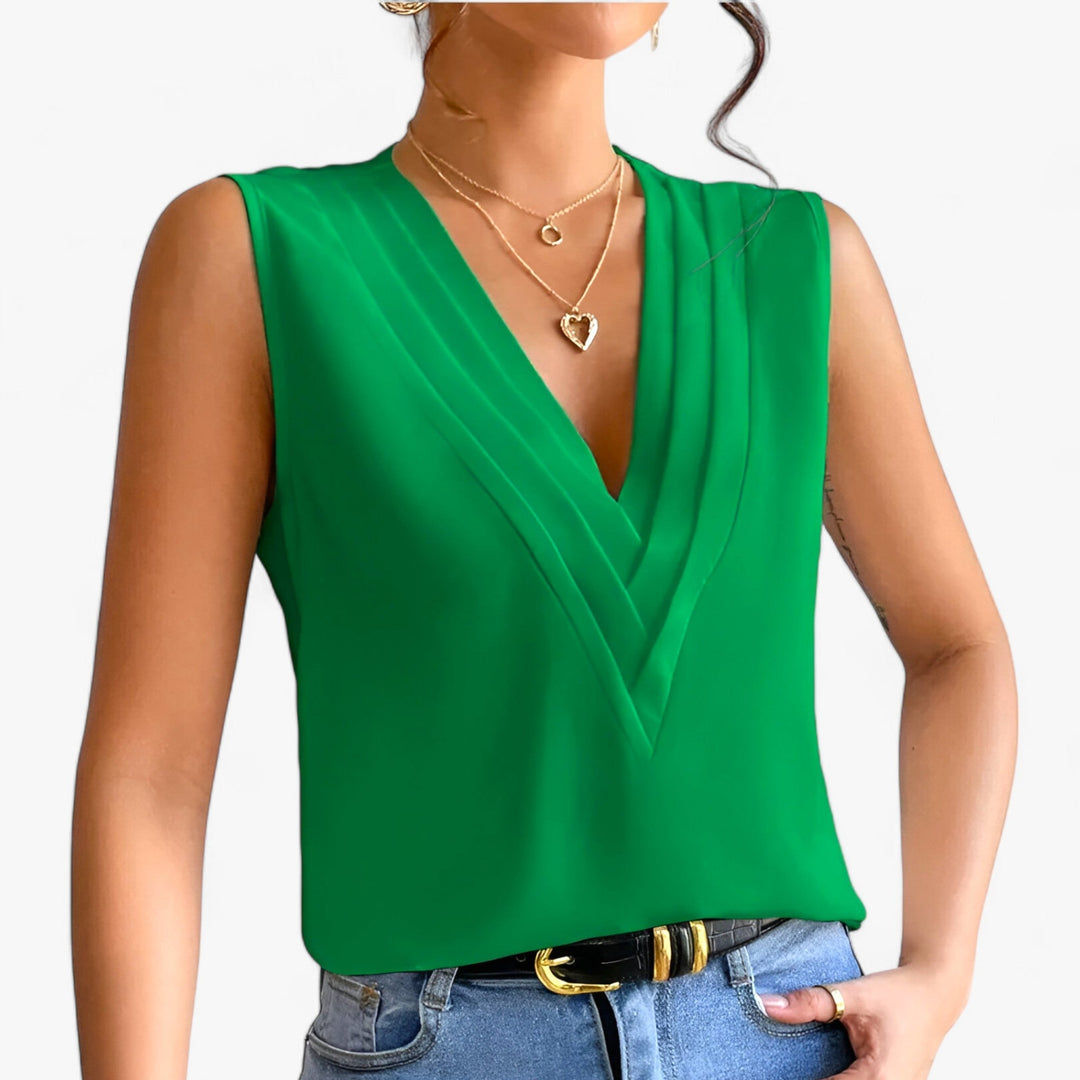 LS | Women Pleated V-Neck Sleeveless Blouse Lion Style