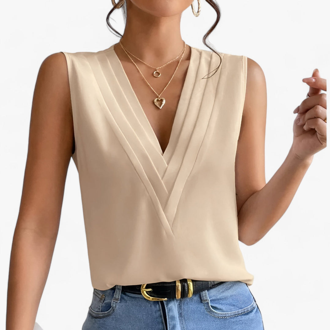 LS | Women Pleated V-Neck Sleeveless Blouse Lion Style