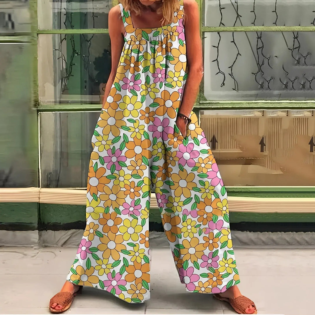 LS | Women Retro Flower Print Jumpsuit Lion Style
