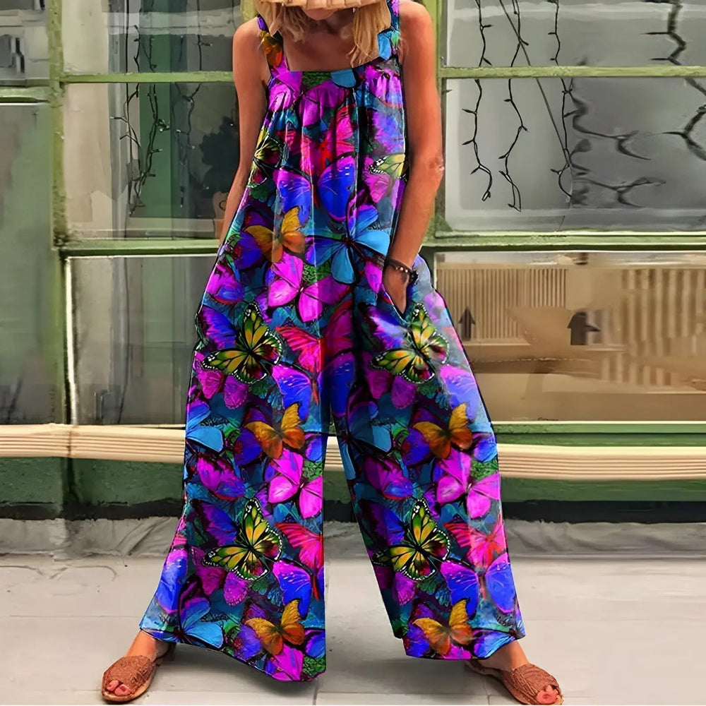 LS | Women Retro Flower Print Jumpsuit Lion Style