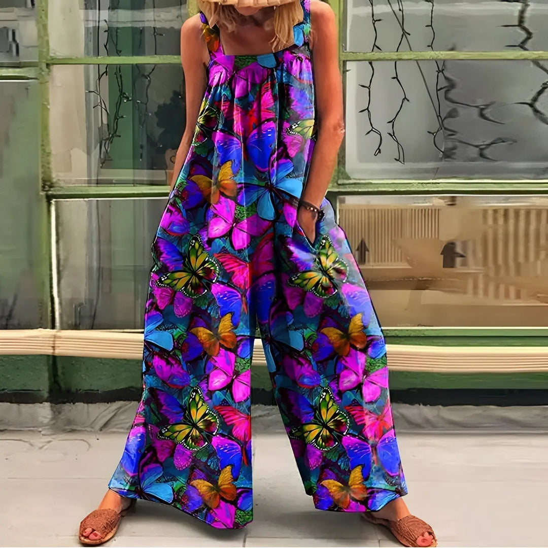 LS | Women Retro Flower Print Jumpsuit Lion Style