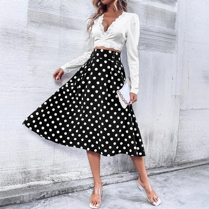 LS | Women Retro Polka Dot Midi Skirt Lion Style