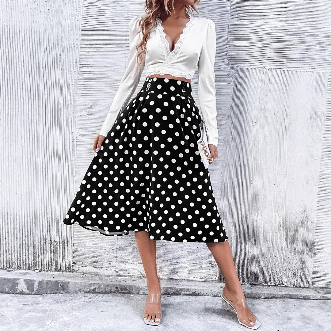 LS | Women Retro Polka Dot Midi Skirt Lion Style
