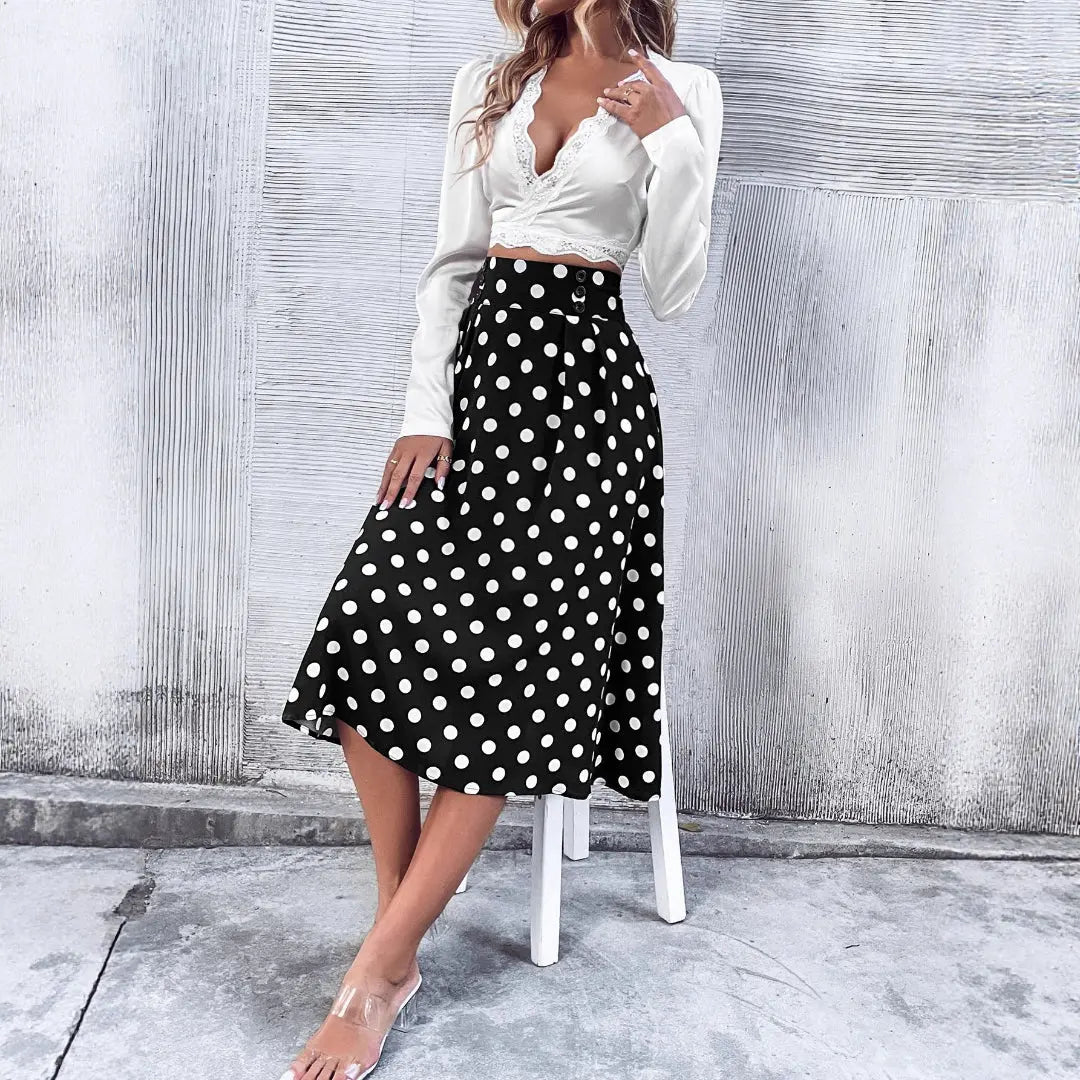 LS | Women Retro Polka Dot Midi Skirt Lion Style