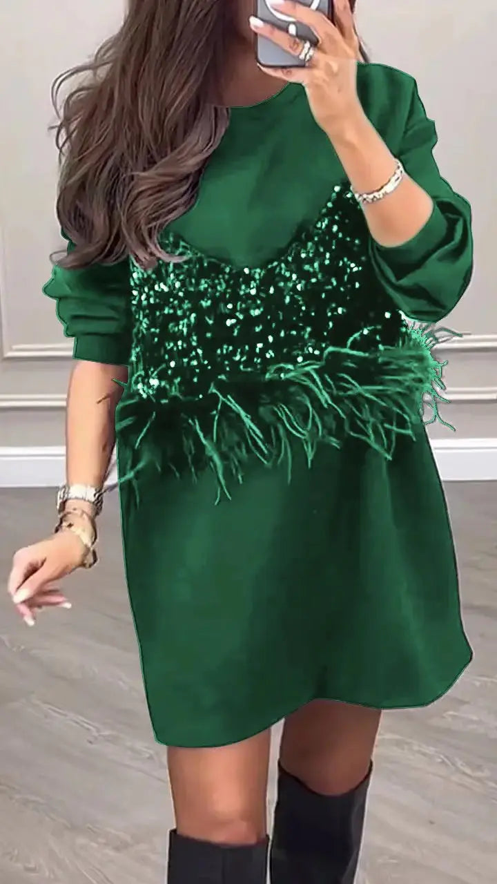 LS | Women Sequin Feather Mini Dress Lion Style