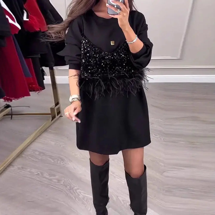 LS | Women Sequin Feather Mini Dress Lion Style