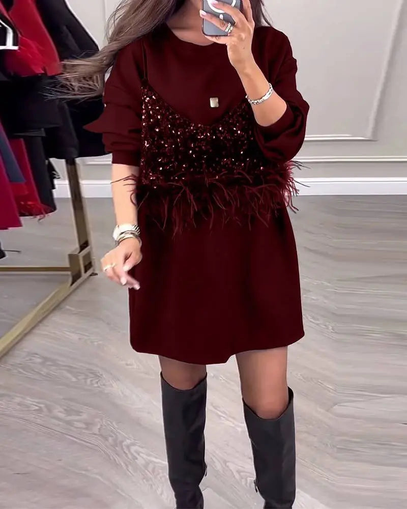 LS | Women Sequin Feather Mini Dress Lion Style