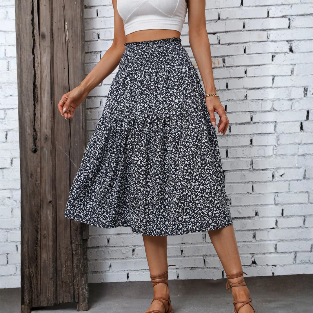 LS | Women Smocked Waist Midi Skirt Lion Style