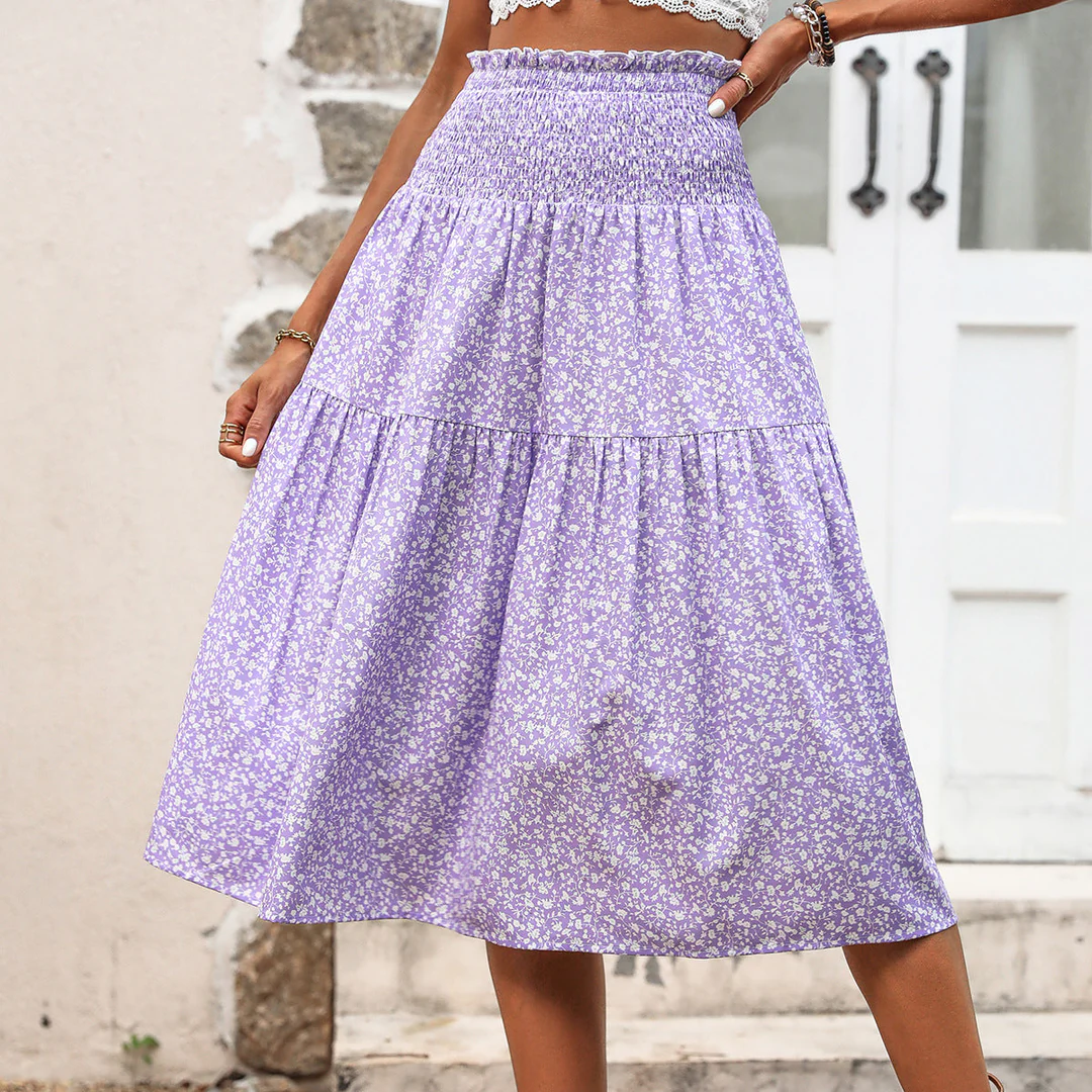 LS | Women Smocked Waist Midi Skirt Lion Style
