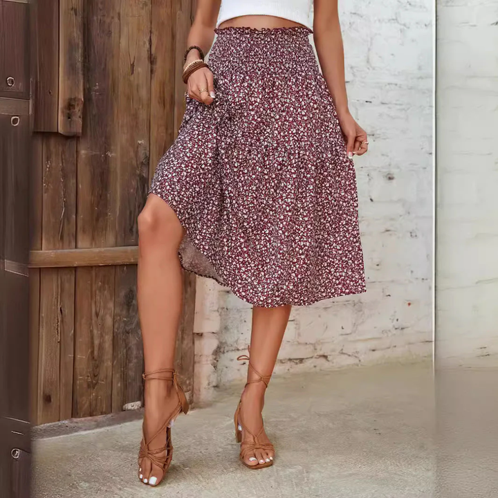LS | Women Smocked Waist Midi Skirt Lion Style