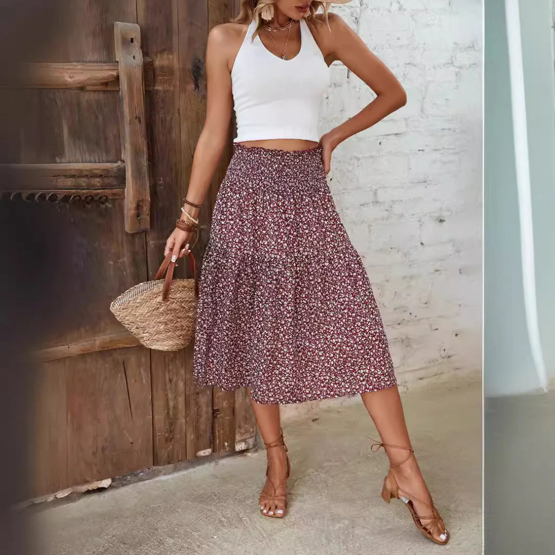LS | Women Smocked Waist Midi Skirt Lion Style