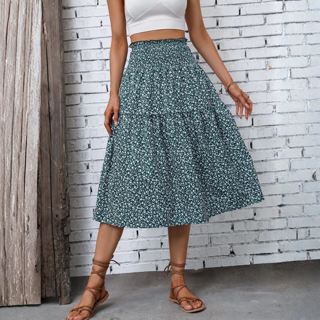 LS | Women Smocked Waist Midi Skirt Lion Style