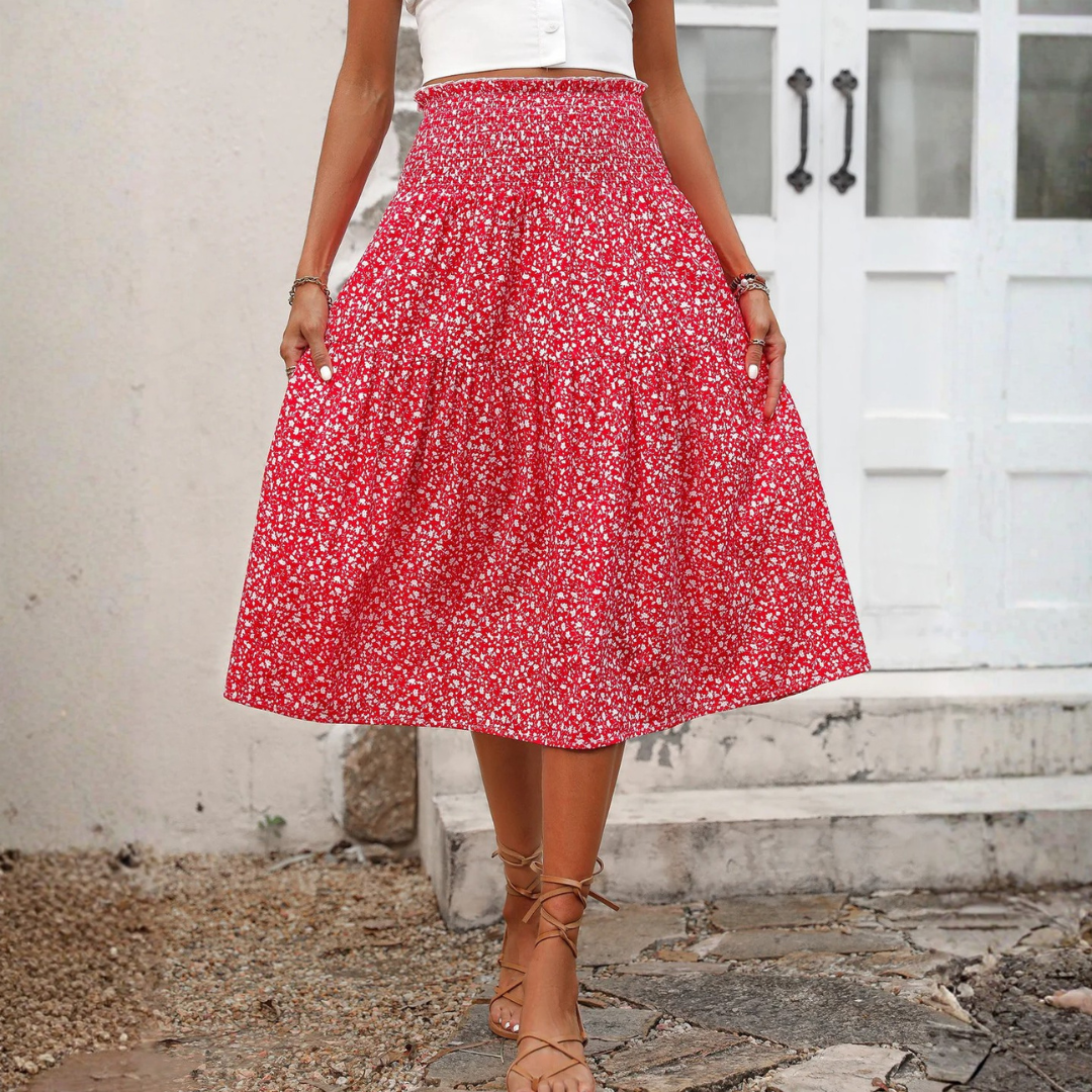 LS | Women Smocked Waist Midi Skirt Lion Style