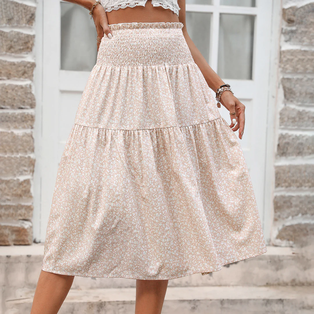 LS | Women Smocked Waist Midi Skirt Lion Style