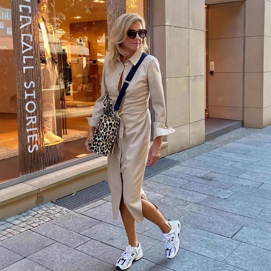 LS | Women Tailored Button Midi Dress Lion Style