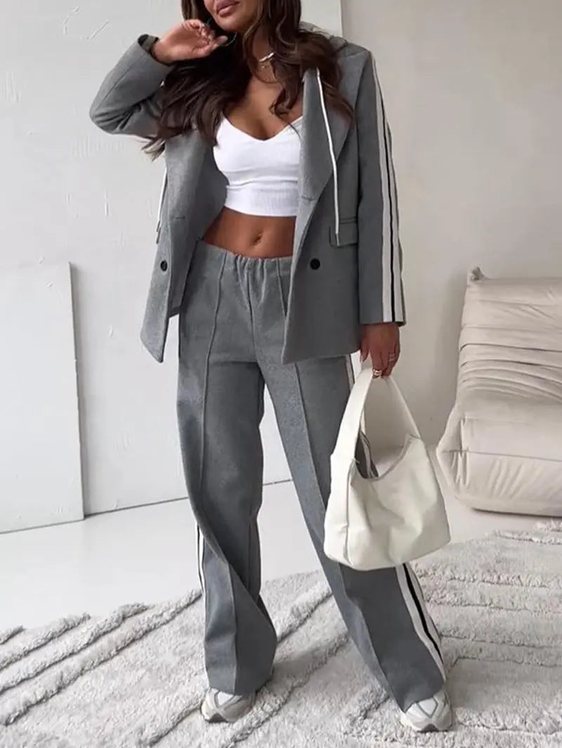 LS | Women Trend Stripe Tailored Pants Set Lion Style