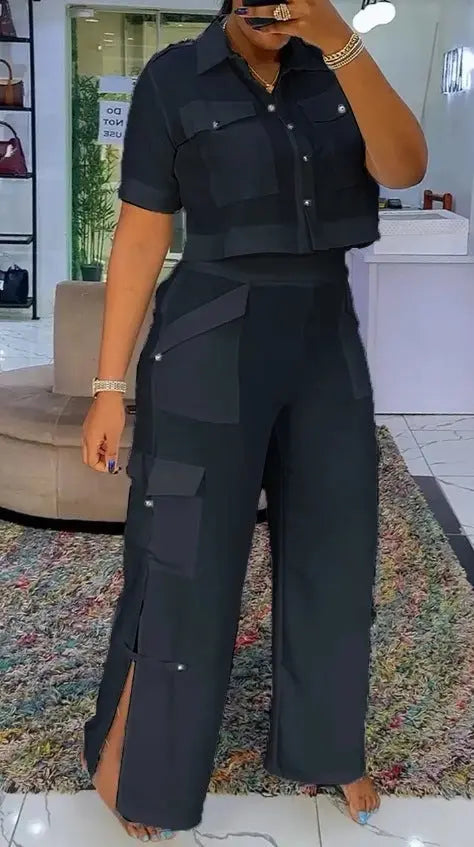 LS | Women Utility Crop Top Pants Set Lion Style