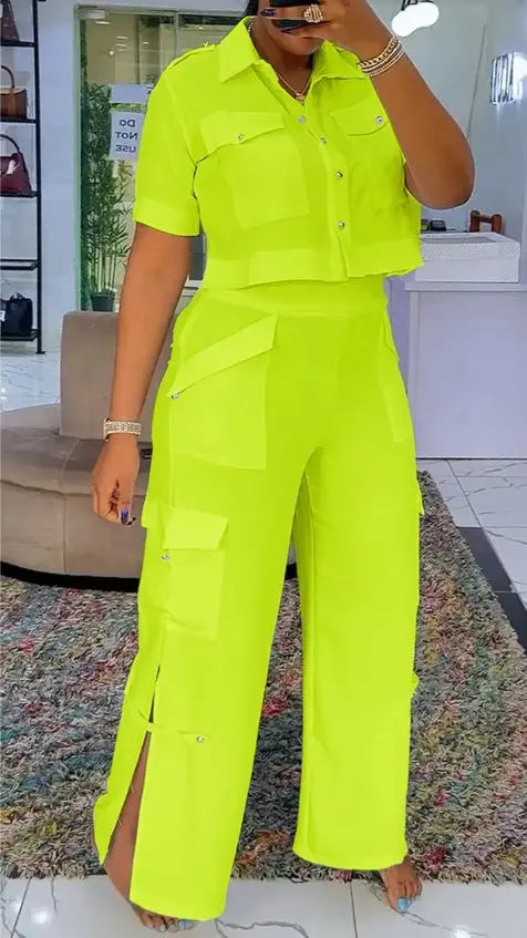 LS | Women Utility Crop Top Pants Set Lion Style