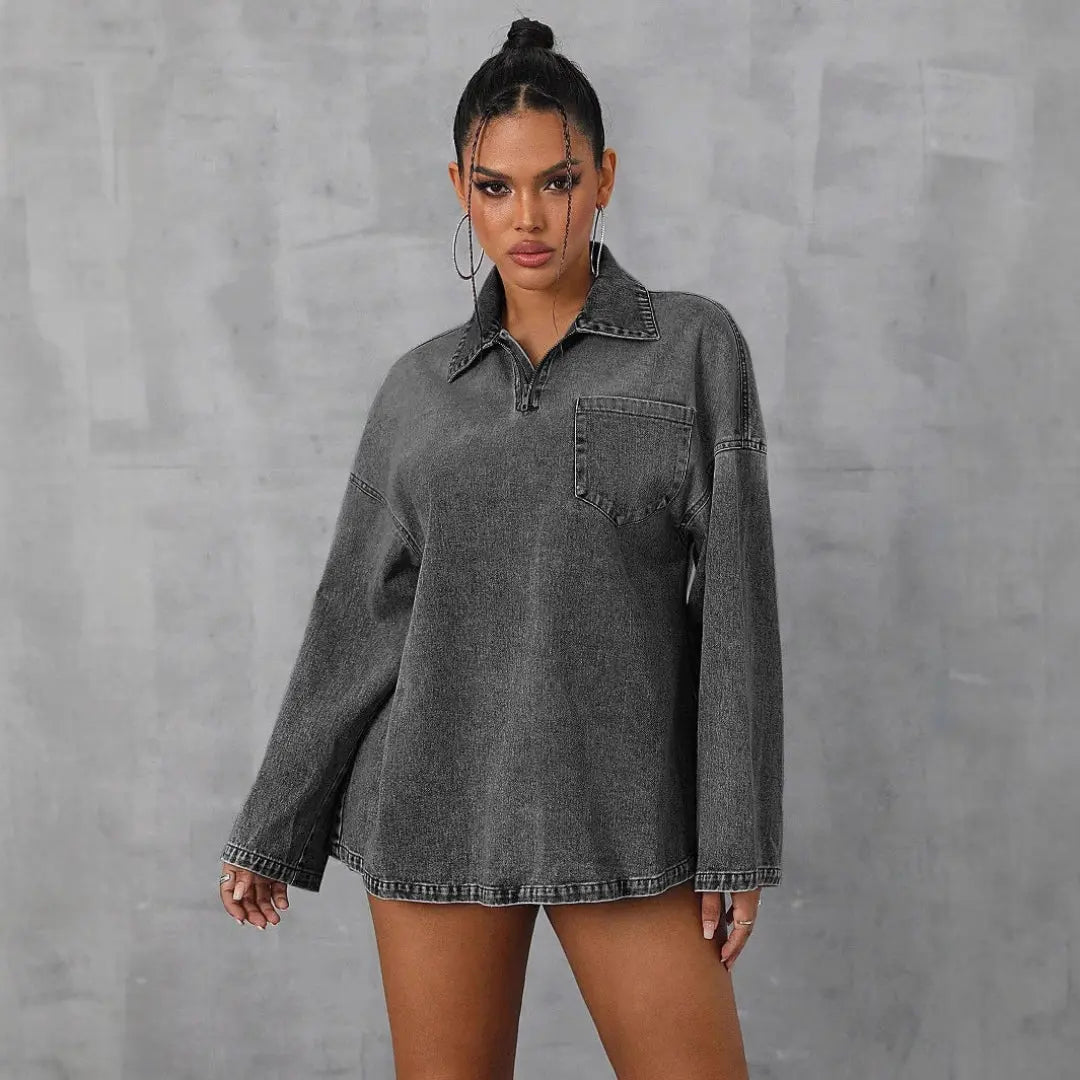 LS | Women Vintage Wash Denim Pullover Top Lion Style