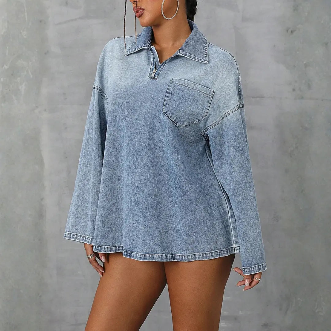 LS | Women Vintage Wash Denim Pullover Top Lion Style