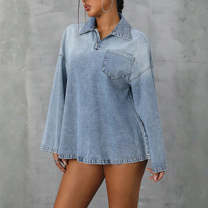 LS | Women Vintage Wash Denim Pullover Top Lion Style