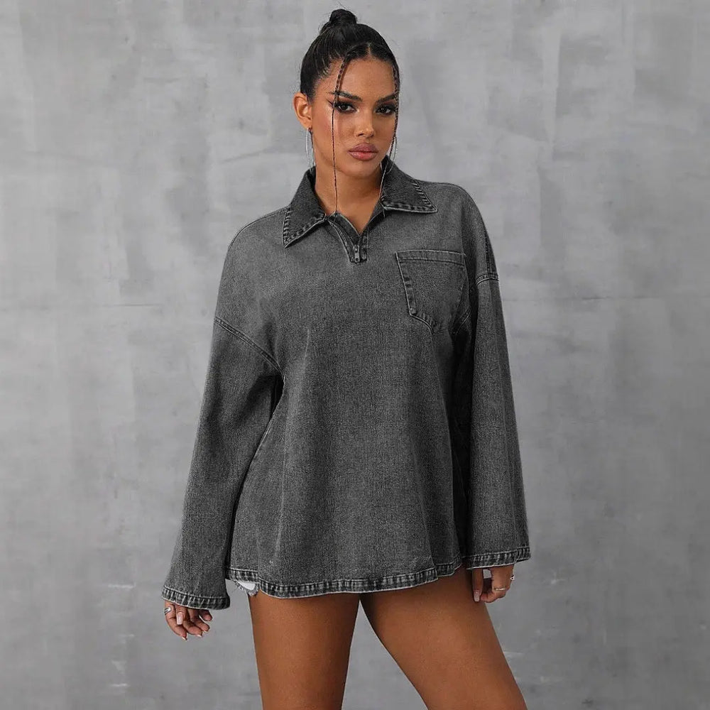 LS | Women Vintage Wash Denim Pullover Top Lion Style