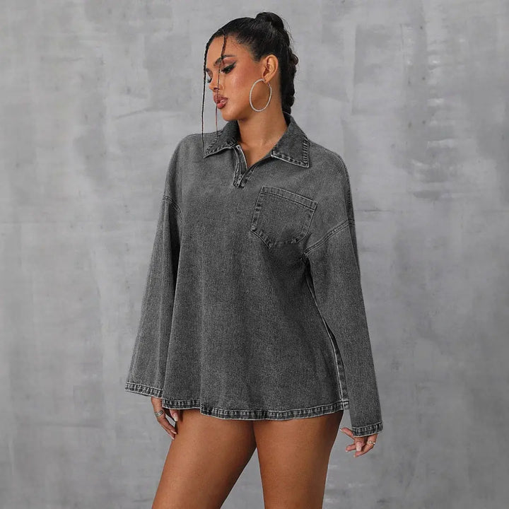 LS | Women Vintage Wash Denim Pullover Top Lion Style