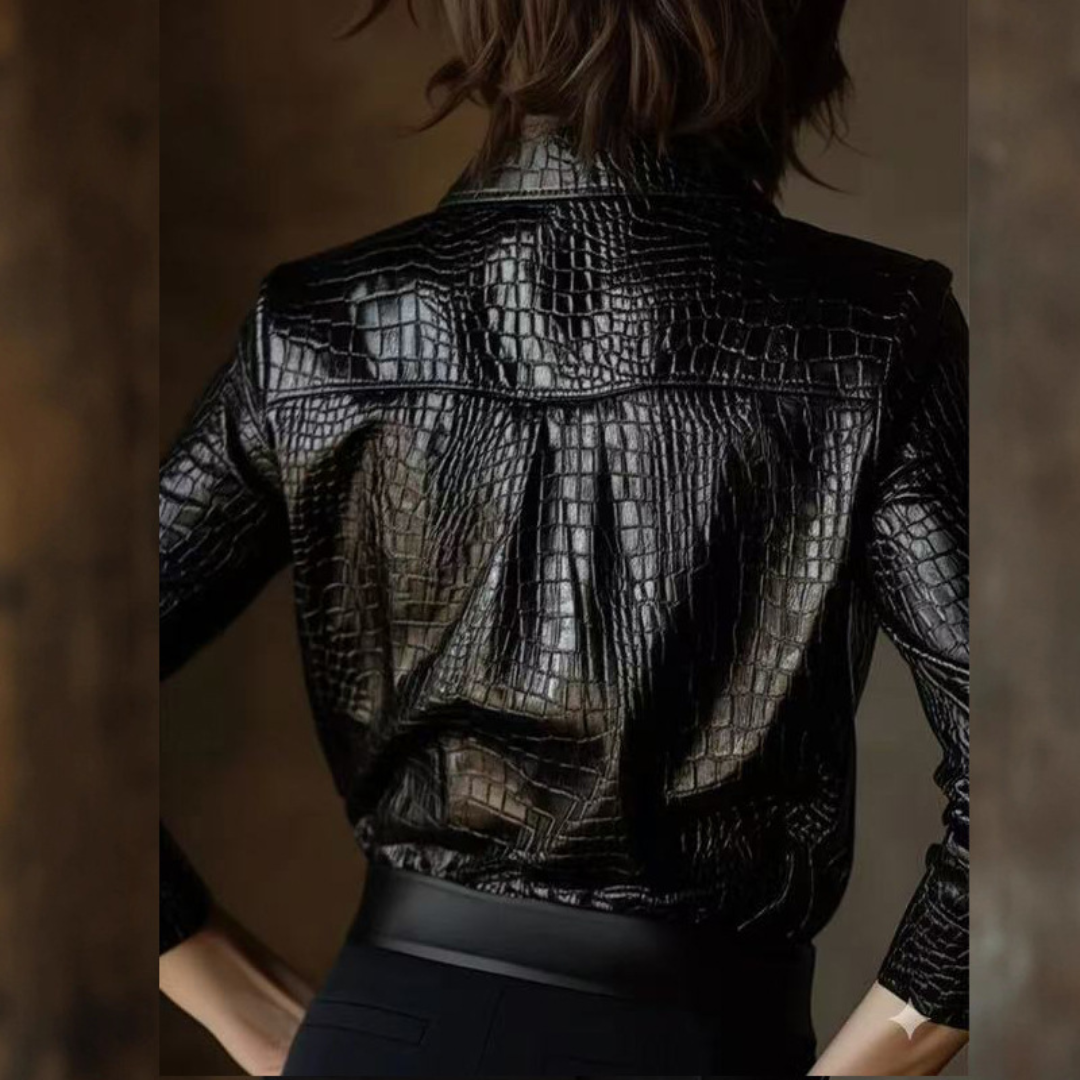 LS | Women’s Croc-Texture Faux Leather Coat Lion Style