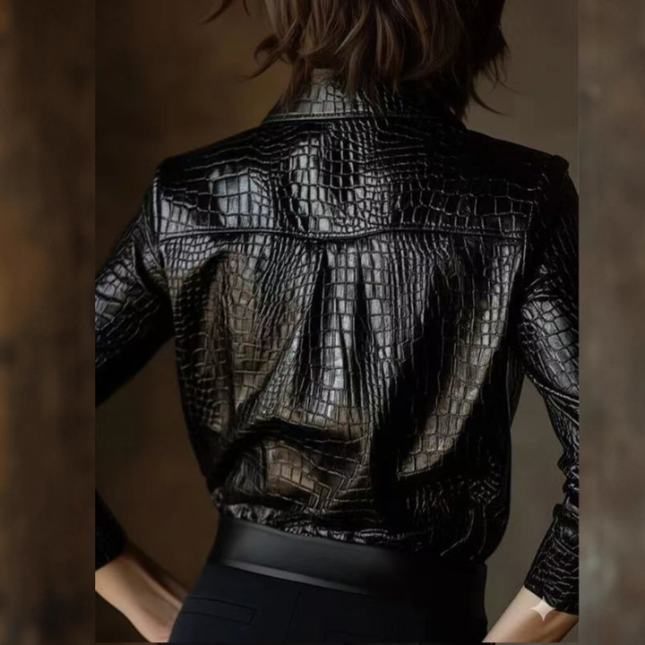 LS | Women’s Croc-Texture Faux Leather Coat Lion Style