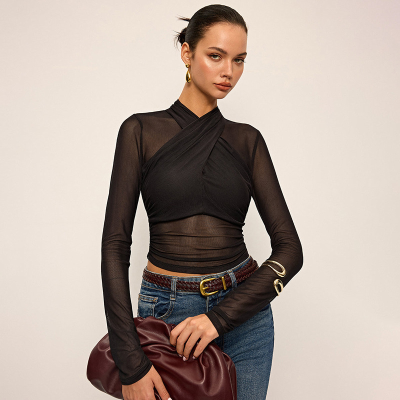 Lion Style | Women’s Mesh Criss-Cross Ruched Long Sleeve Top Lion Style