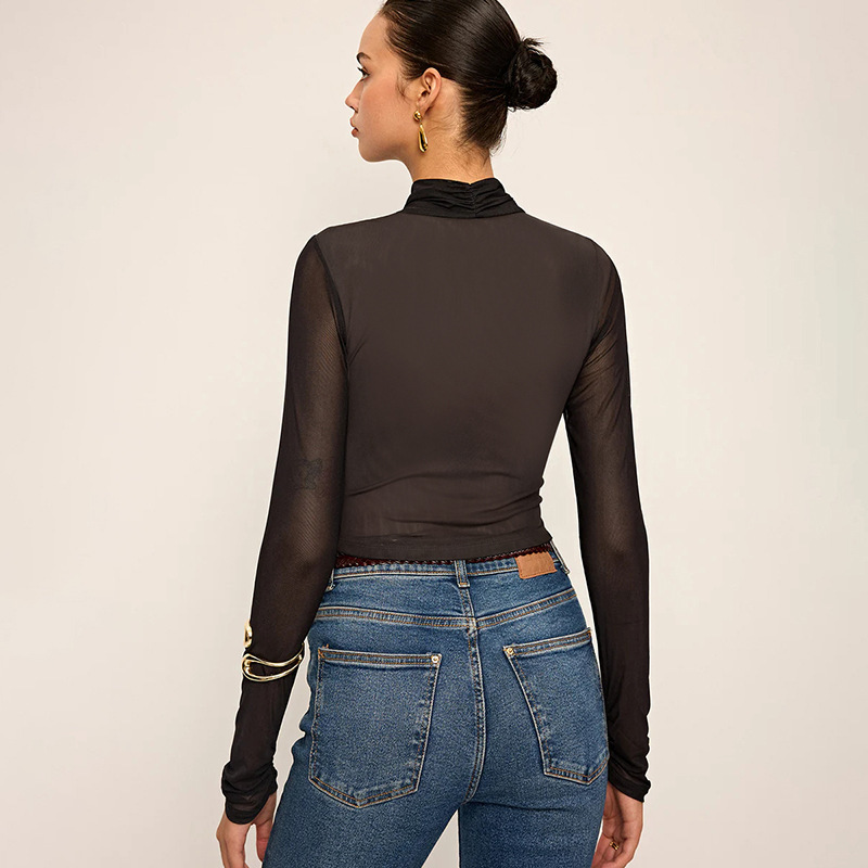 Lion Style | Women’s Mesh Criss-Cross Ruched Long Sleeve Top Lion Style