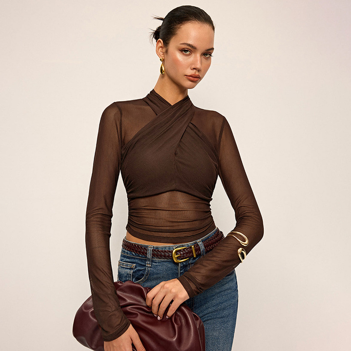 Lion Style | Women’s Mesh Criss-Cross Ruched Long Sleeve Top Lion Style