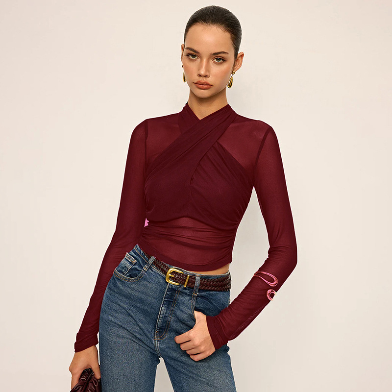 Lion Style | Women’s Mesh Criss-Cross Ruched Long Sleeve Top Lion Style