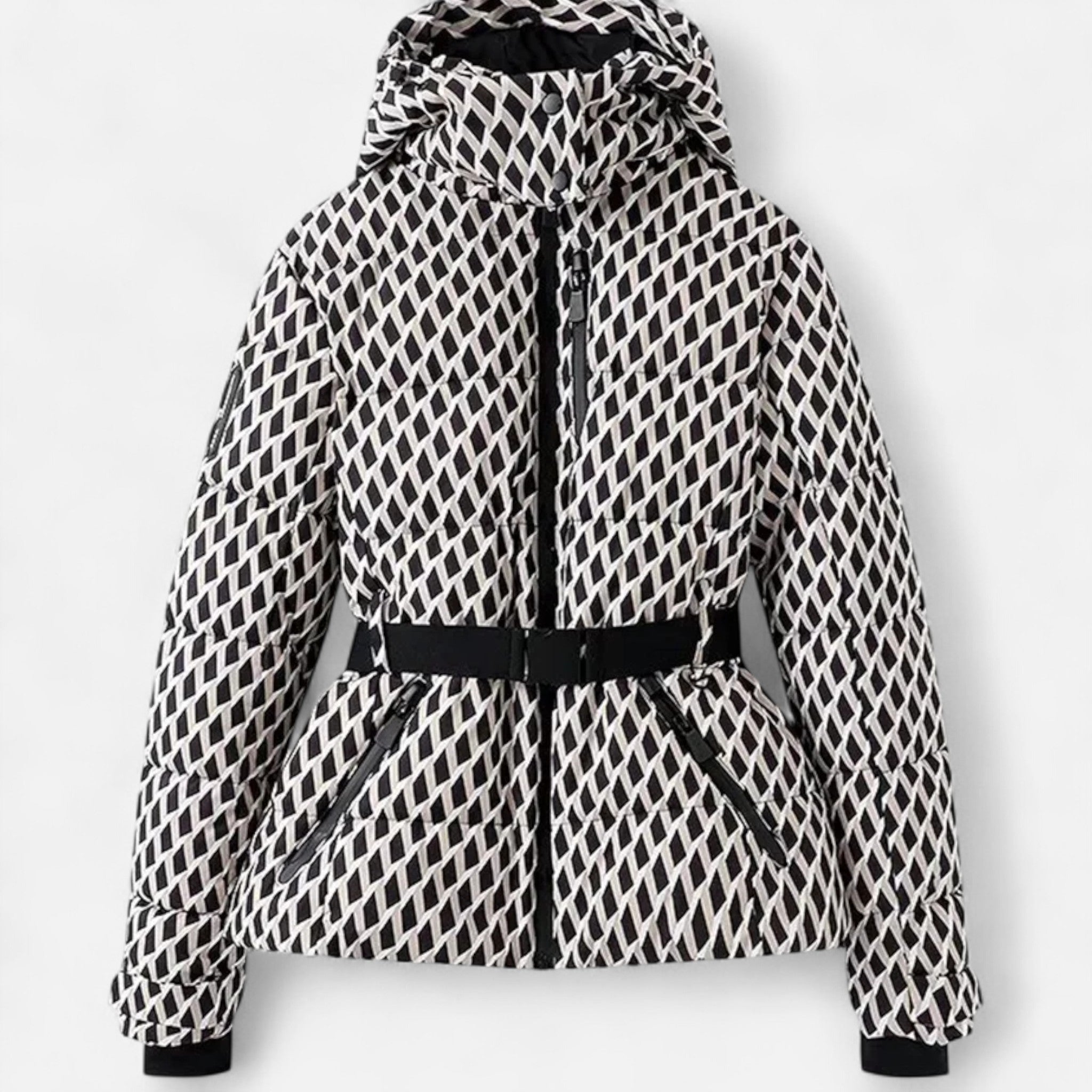 Black and white patterned jacket on a white background