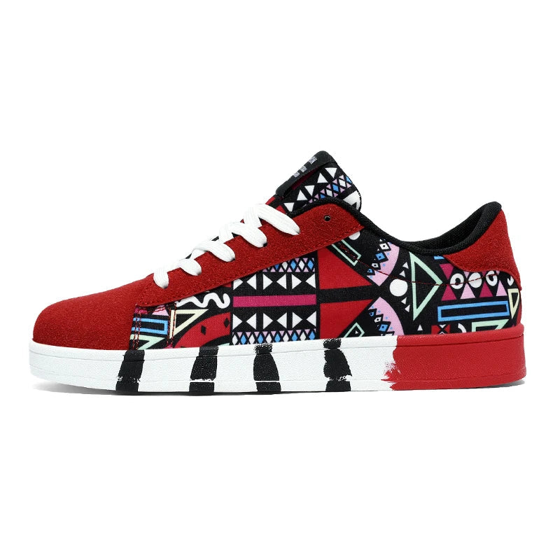 Colorful sneaker with geometric pattern on a white background
