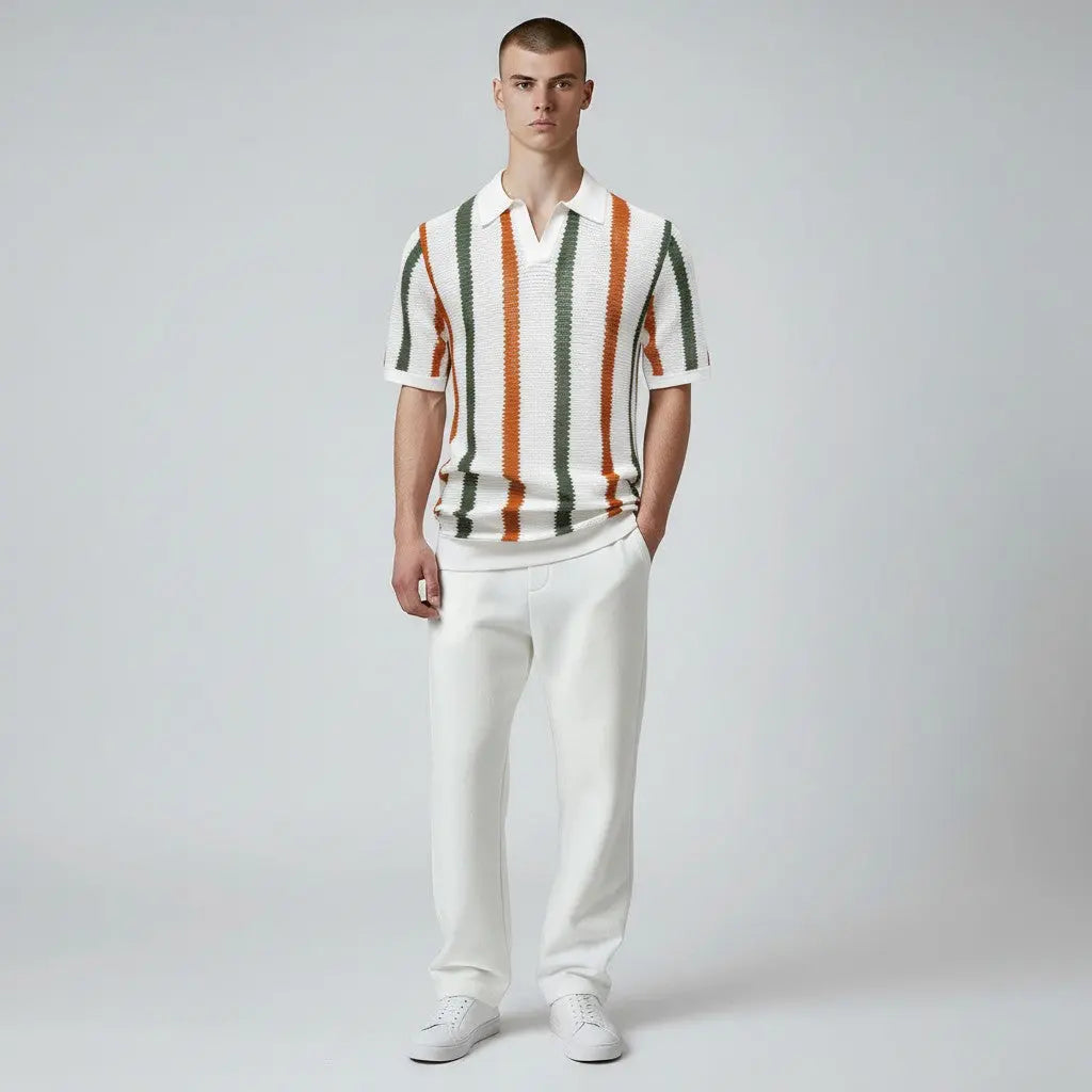 Men Retro Stripe Knit Polo LionStyle Lion Style