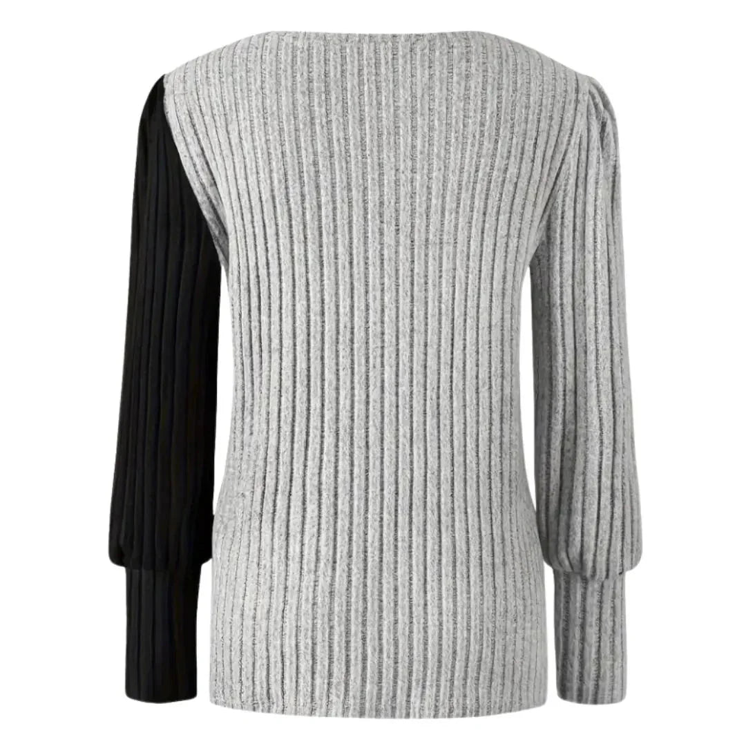 Rivana Women's Asymmetrical Contrast Rib Knit Blouse