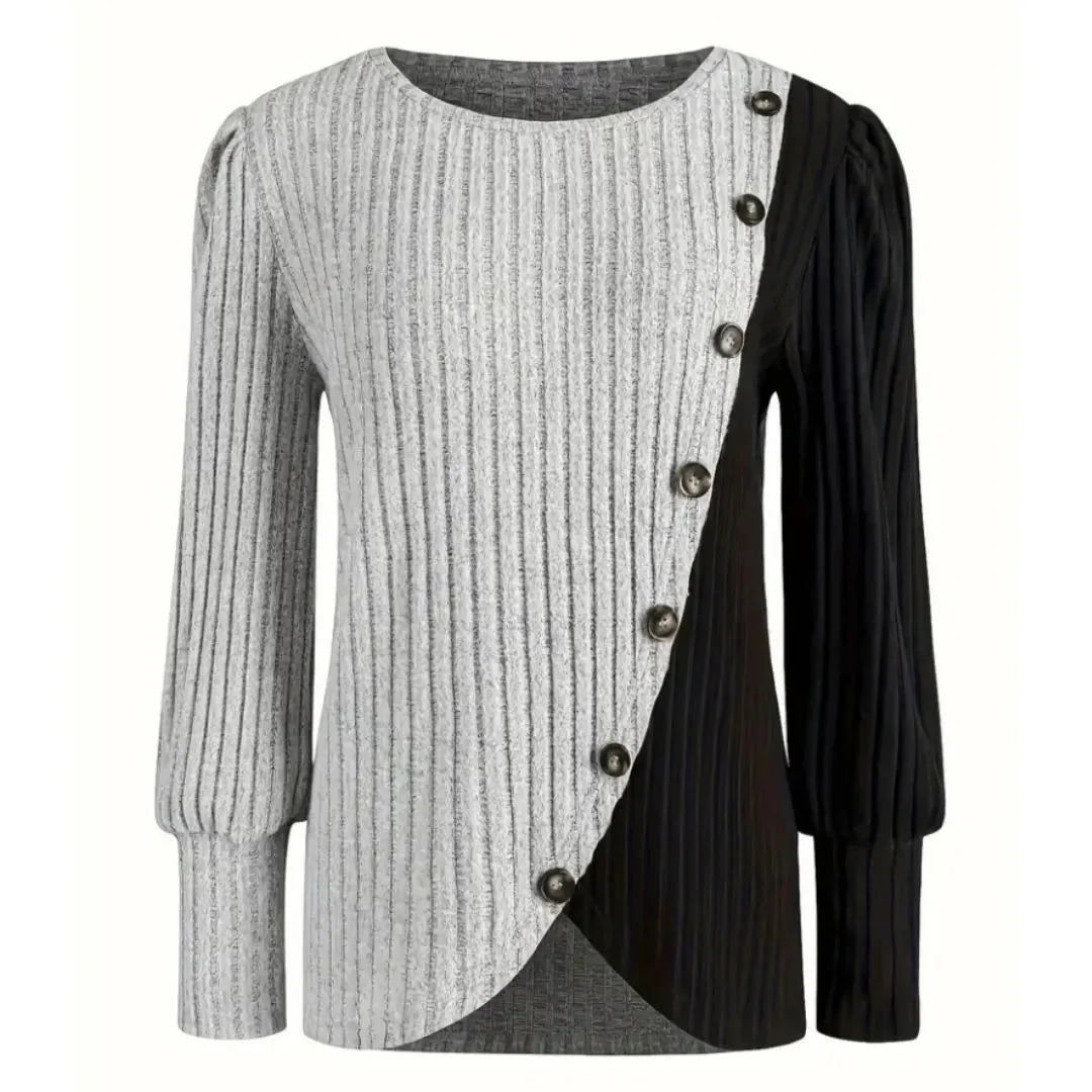 Rivana Women's Asymmetrical Contrast Rib Knit Blouse