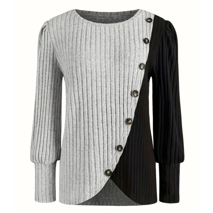 Rivana Women's Asymmetrical Contrast Rib Knit Blouse