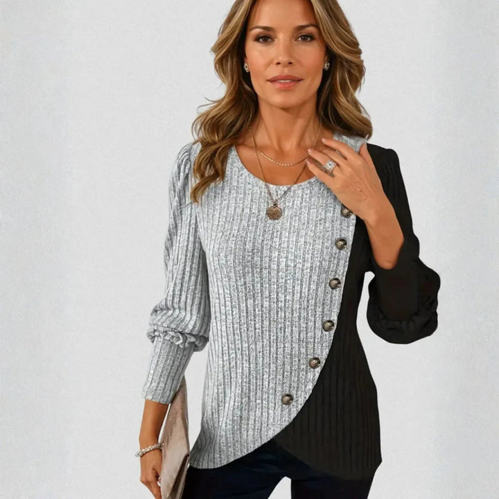Rivana Women's Asymmetrical Contrast Rib Knit Blouse