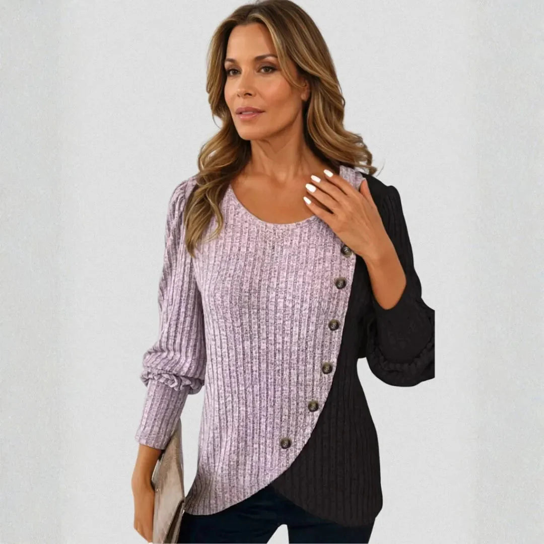 Rivana Women's Asymmetrical Contrast Rib Knit Blouse