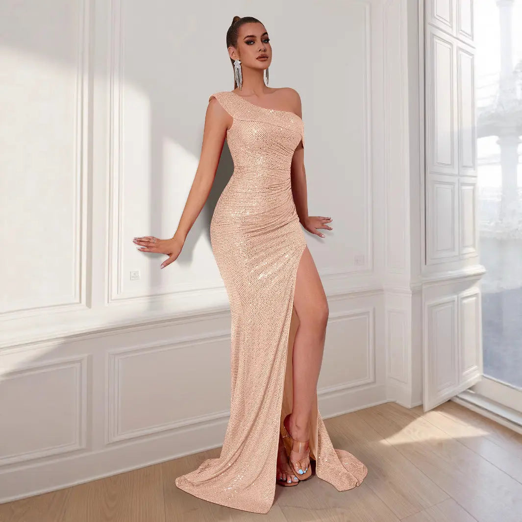 Women Chic Nude Slit Maxi Gown LionStyle Lion Style
